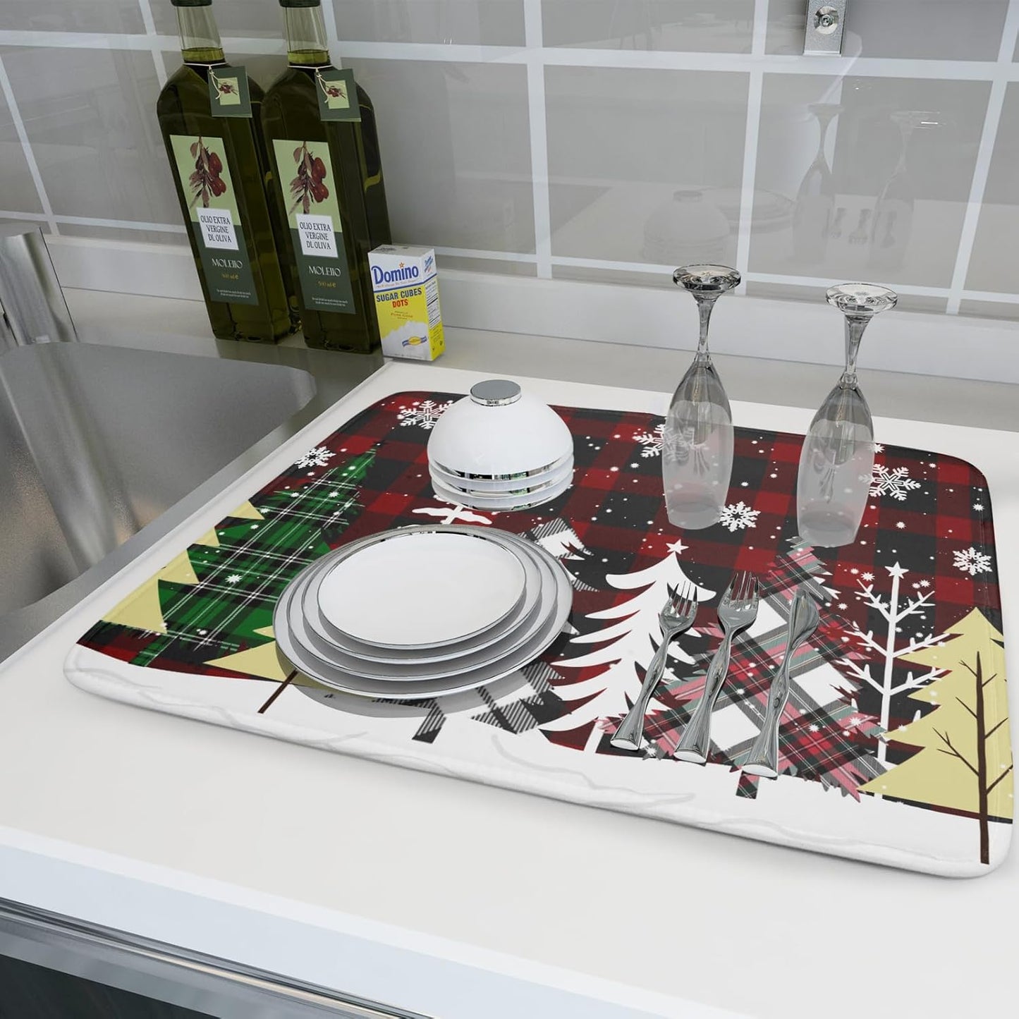 Merry Christmas Dish Drying Mat for Kitchen Counter 18x24 Inch Watercolor Buffalo Plaid Christmas Tree Microfiber Absorbent Dishes Pad Dish Drainer Mat Protector Kitchen Accessories for Countertop
