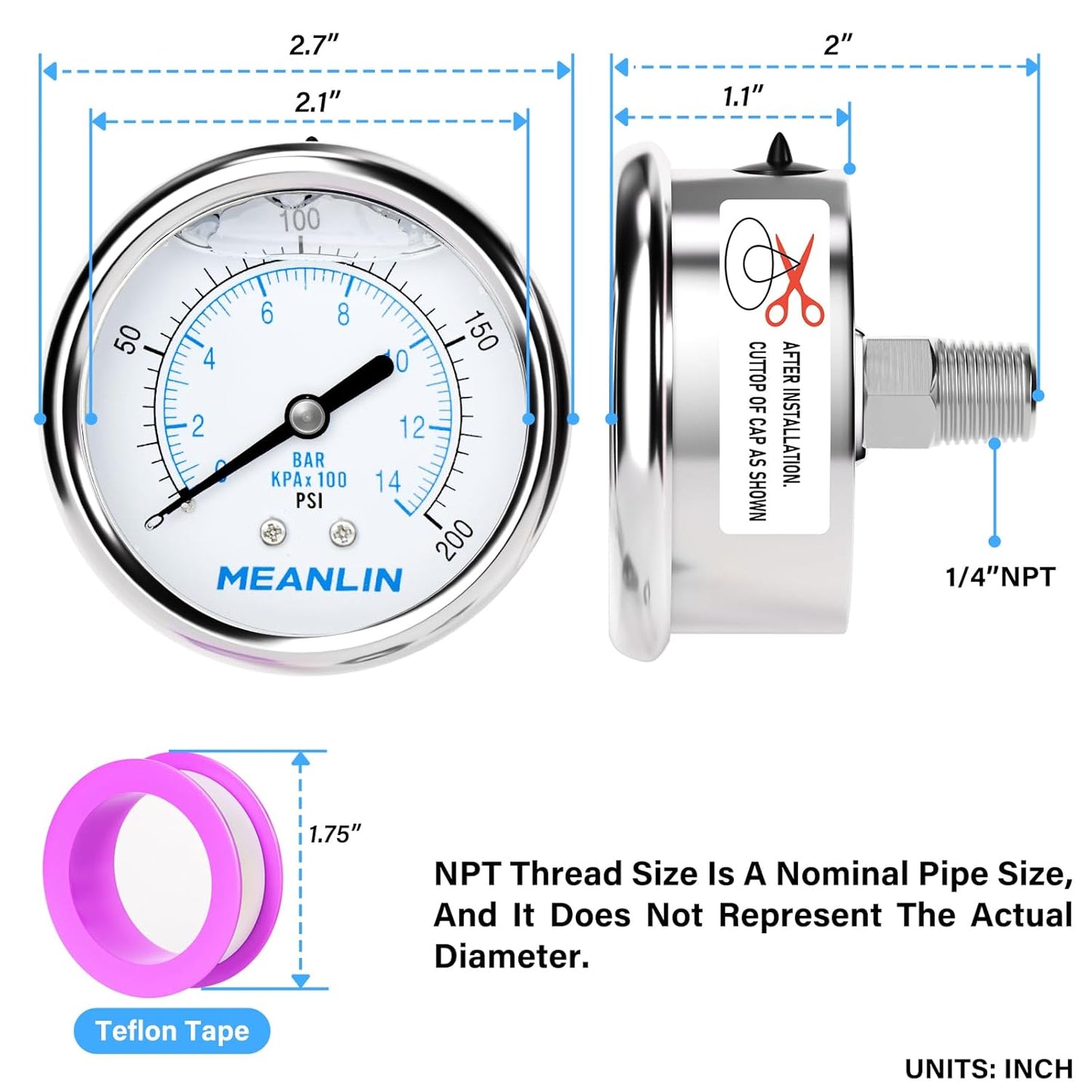 MEANLIN MEASURE 0~200Psi Liquid Filled Pressure Gauge Stainless Steel with 316 Stainless Steel Joint 1/4" NPT 2.5" FACE DIAL for Air Compressor Air Regulator Water Filter Center Back Mount