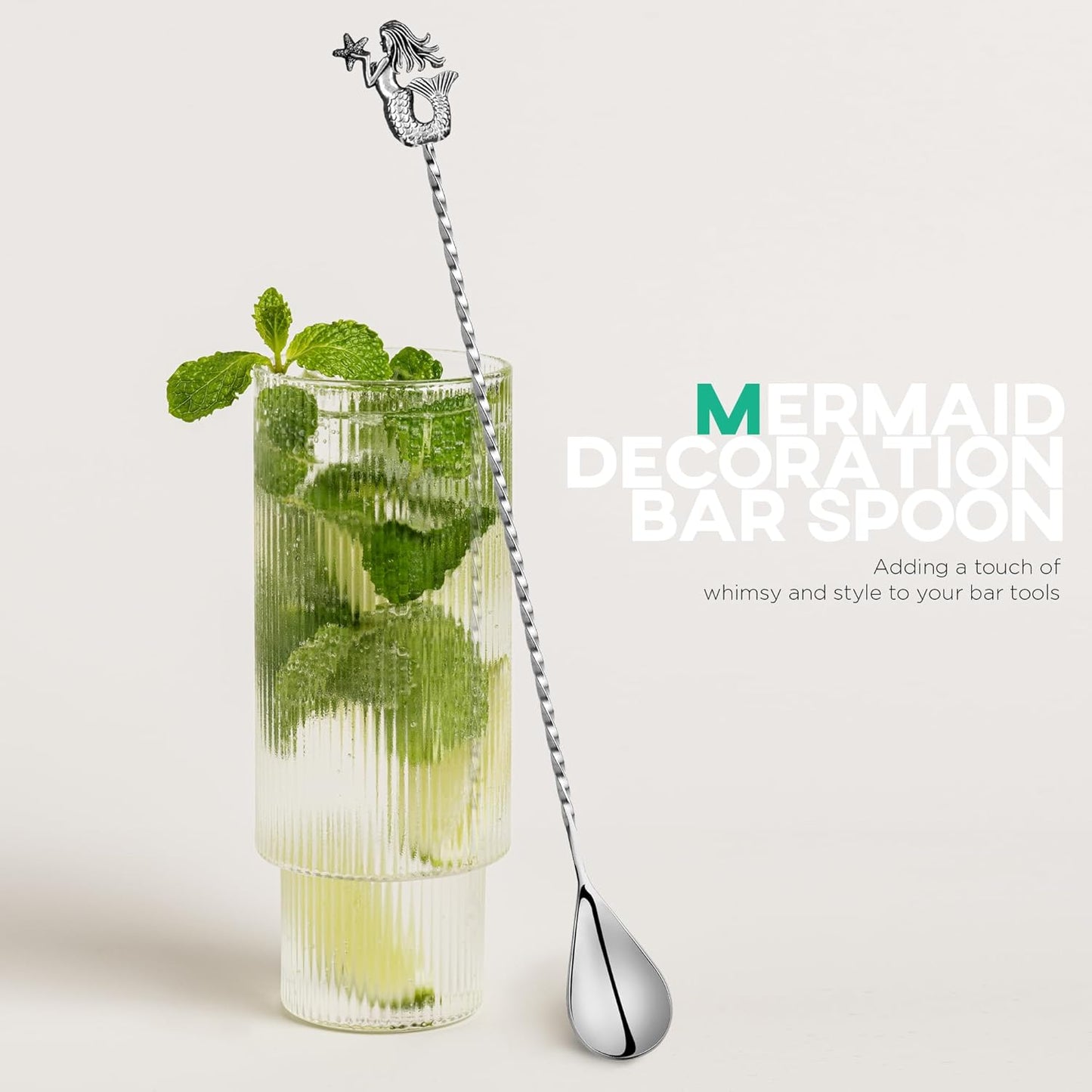 Homestia 12'' Cocktail Mixing Spoon Set, Food-Grade Stainless Steel Stirrer Spiral Pattern Bar Cocktail Shaker Spoon for Ice Cream Smoothies Juice Coffee Tea Drink (Mermaid, Shell Handle) - Set of 2