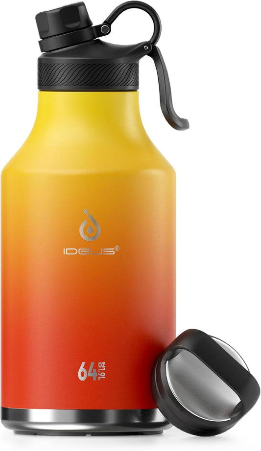 IDEUS Insulated Stainless Steel Water Bottle with 2 Leak-Proof Lids, Thermal Water Flask for Hiking Biking, 64oz, Yellow