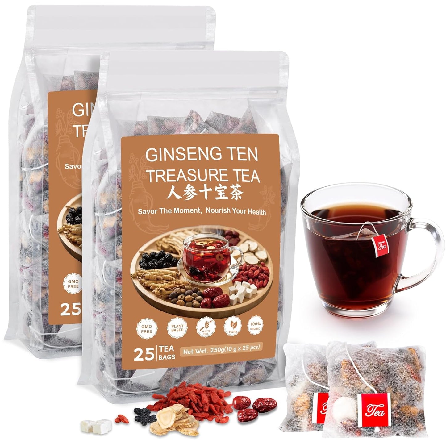 Kidney Tea Formula Ginseng Six Treasure Tea, Ginseng Five Treasure Cleanse Detox Teabag, 10 Precious Ingredients Formula Support Kidney and Live Health for Men Women (50 Bags/2 Pack)