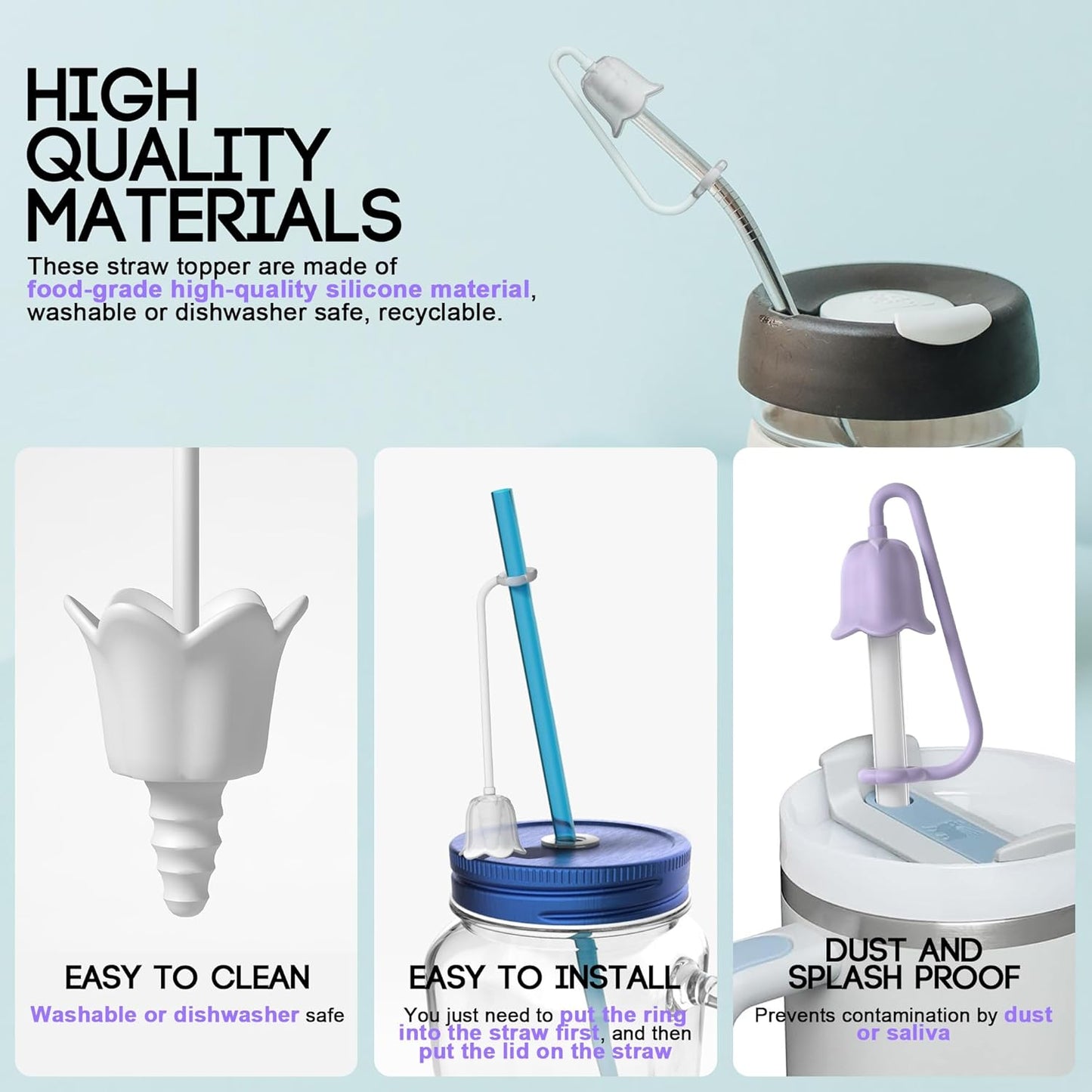 5Pcs Silicone Straw Covers for Stanley Yeti Tumbler Cup, Reusable Drinking Straw Cap Easy to Clean, Dust-Proof Flower Straw Topper Compatible for 6-10m/0.23-0.4inch Straws (Multi color A)