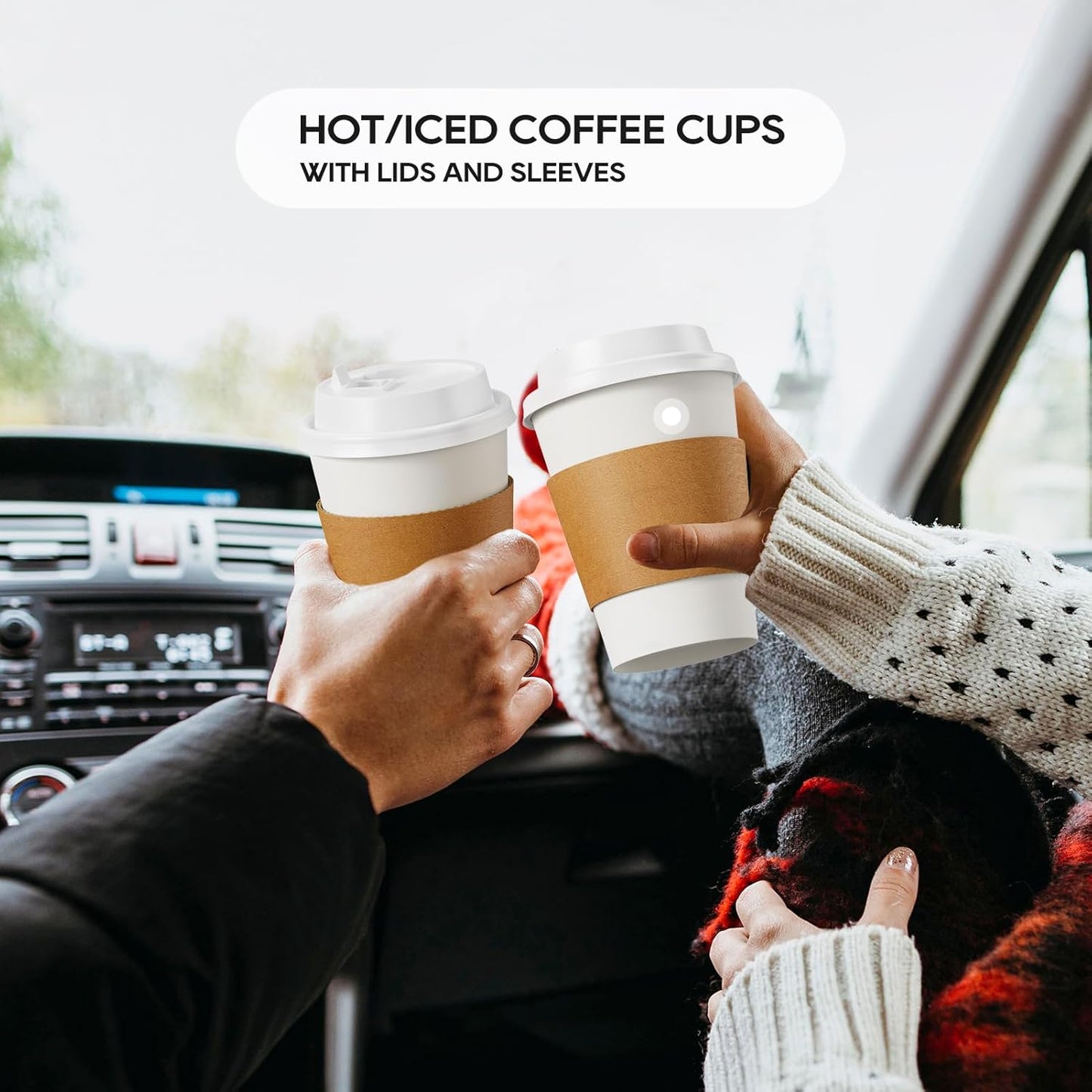 [100 Pack] 12 oz Paper Coffee Cups, Disposable Paper Coffee Cup with Lids, Sleeves, and Stirrers, Hot/Cold Beverage Drinking Cup for Water, Juice or Tea, Suitable for Home, Shops and Cafes