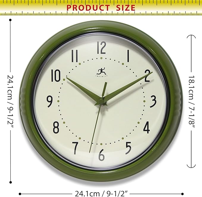Infinity Instruments Retro Round Metal Wall Clock, Olive Green 9.5" - Image 7