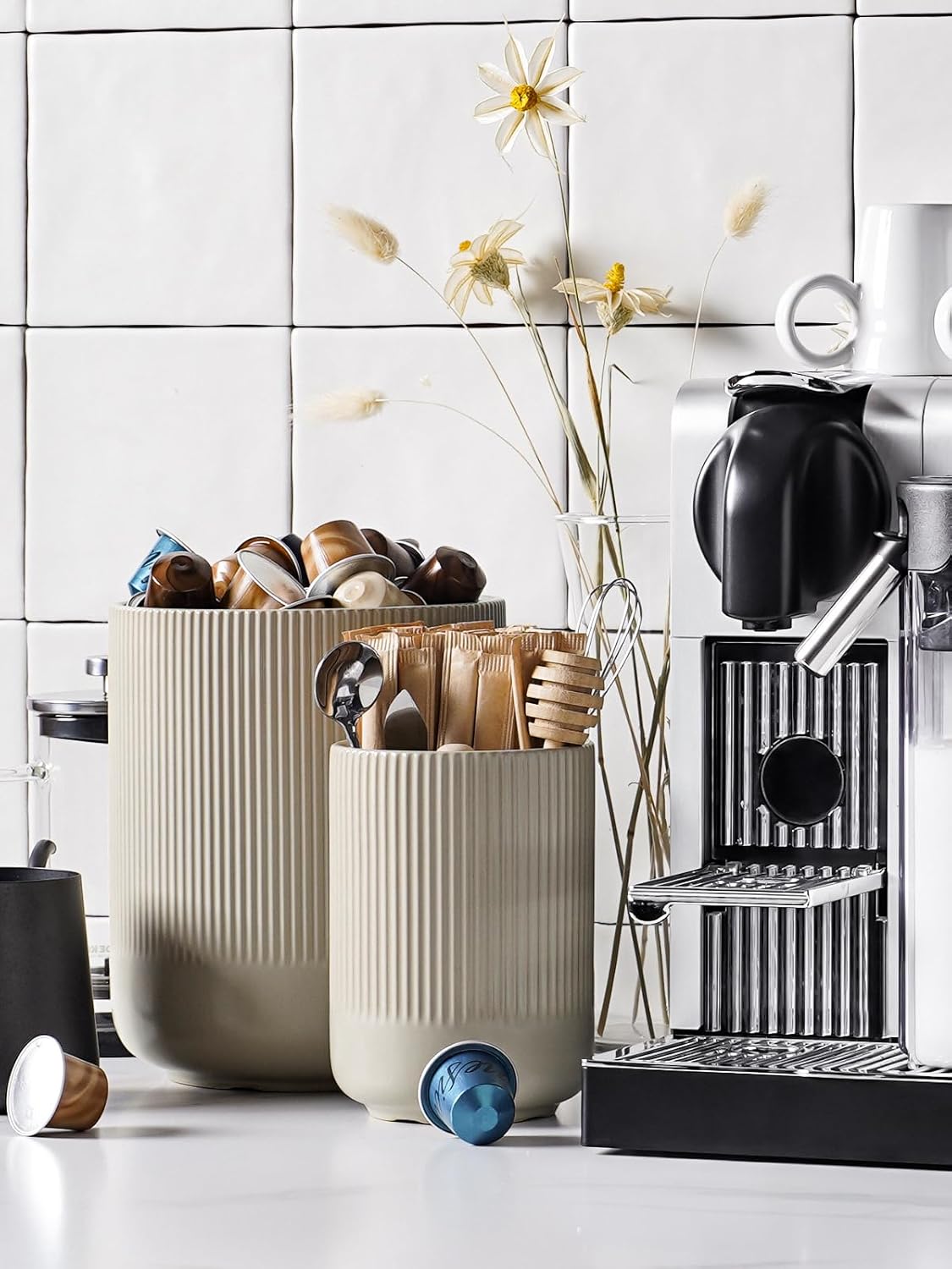 LE TAUCI Utensil Holder, 7.3"+5.4" Ceramic Kitchen Utensil Holder for Countertop, Large Cooking Utensil Crocks for Kitchen Counter, Morden Utensil Organizer for Spatula, Set of 2, Oatmeal Greige