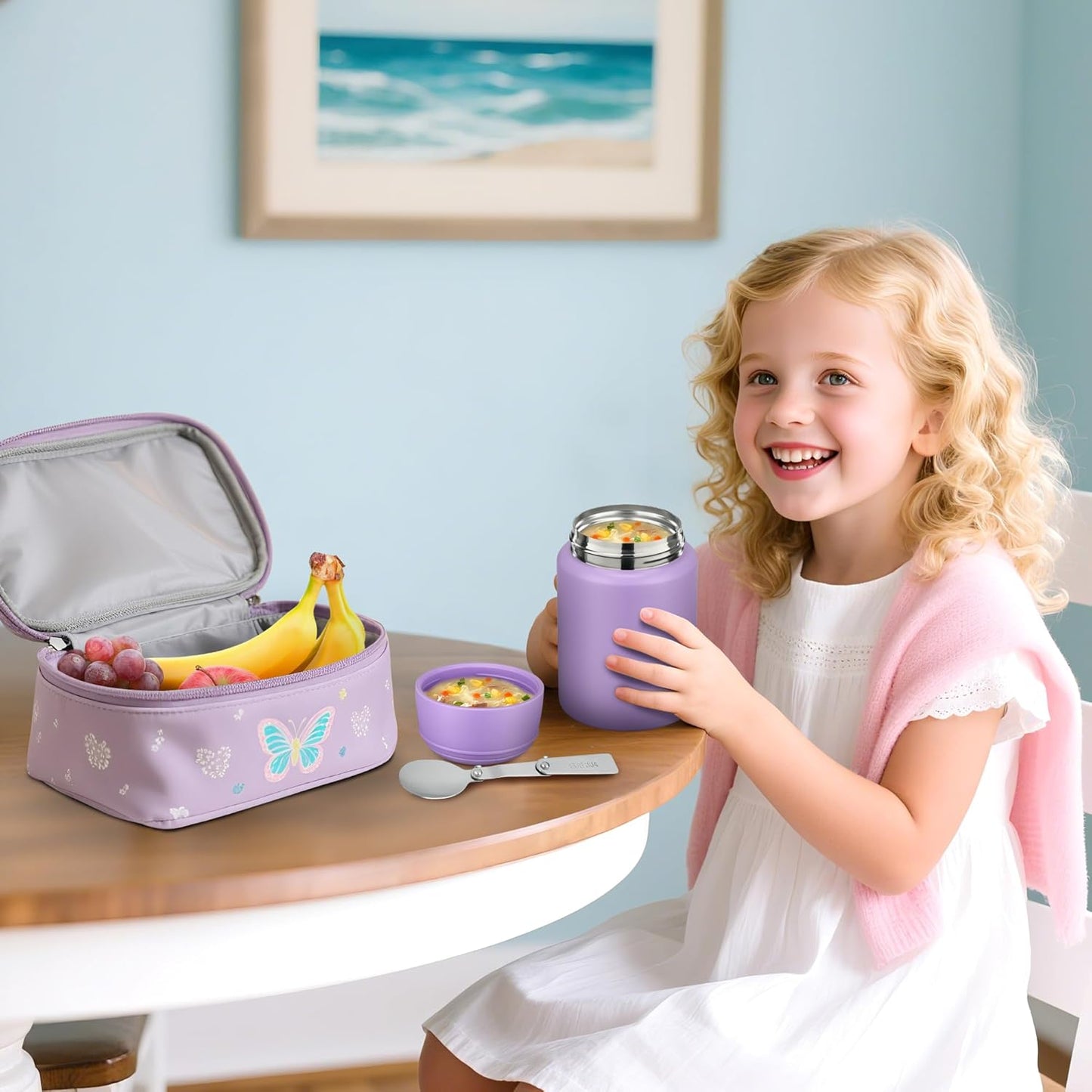 Soup Thermo for Hot Food Kids 16oz Insulated Food Jar Leakproof Thermo Lunch Container for Kids Wide-Mouth Stainless Steel Lunch Box for School with Handle Folding Spoon(3+)