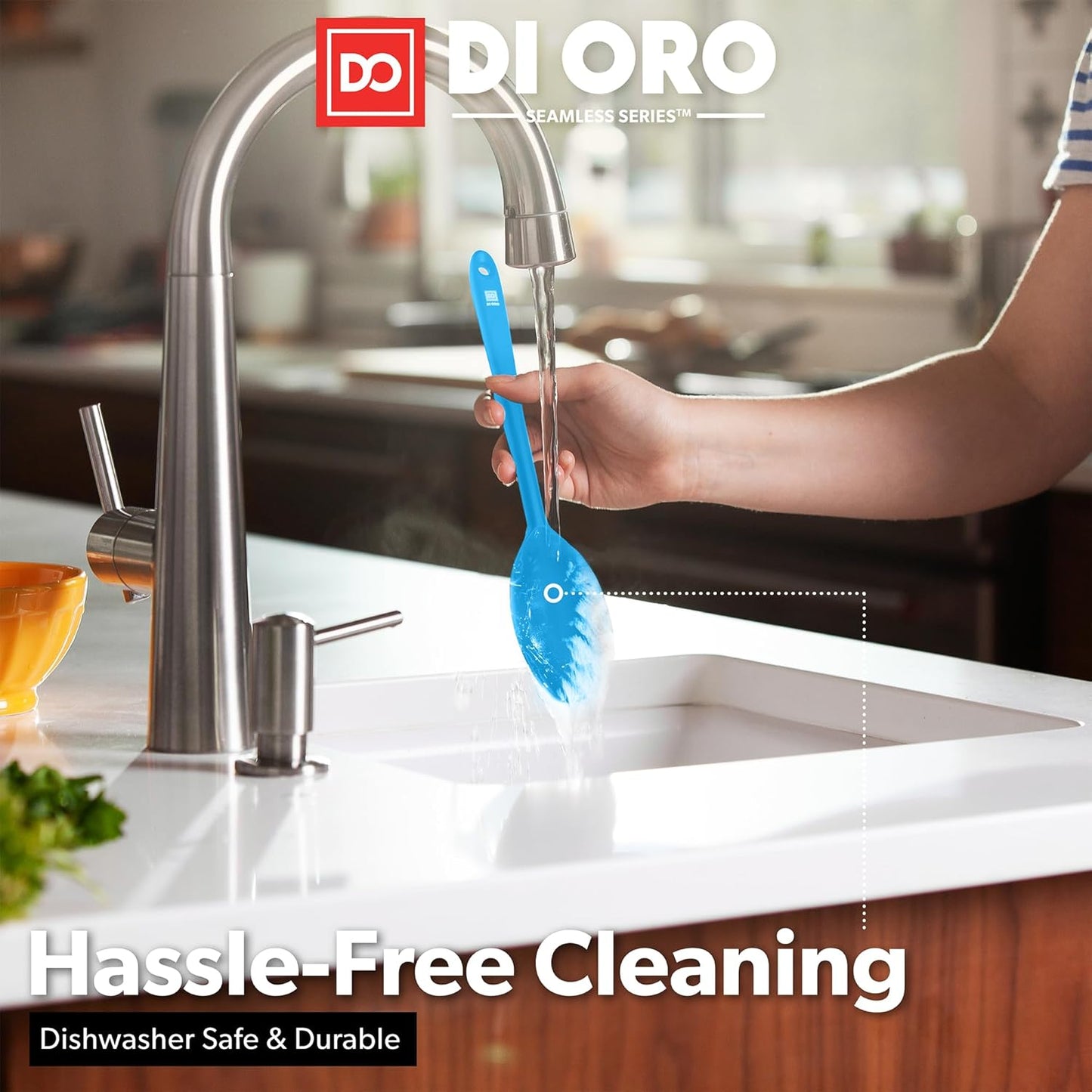 DI ORO Silicone Mixing & Serving Spoons - Large Heat-Resistant Non Stick Utensils Big Solid & Slotted Basting Spoons - Dishwasher Safe (2pc, Blue)