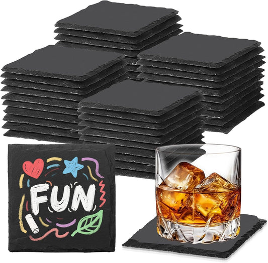 48 PCS Slate Coasters Black Square 4 Inch Bulk Rock, Blank Laser Engraving, Scratch Resistant Bottom, Home Office Kitchen Gift Wedding Bar Party (48 PCS Square Coasters)