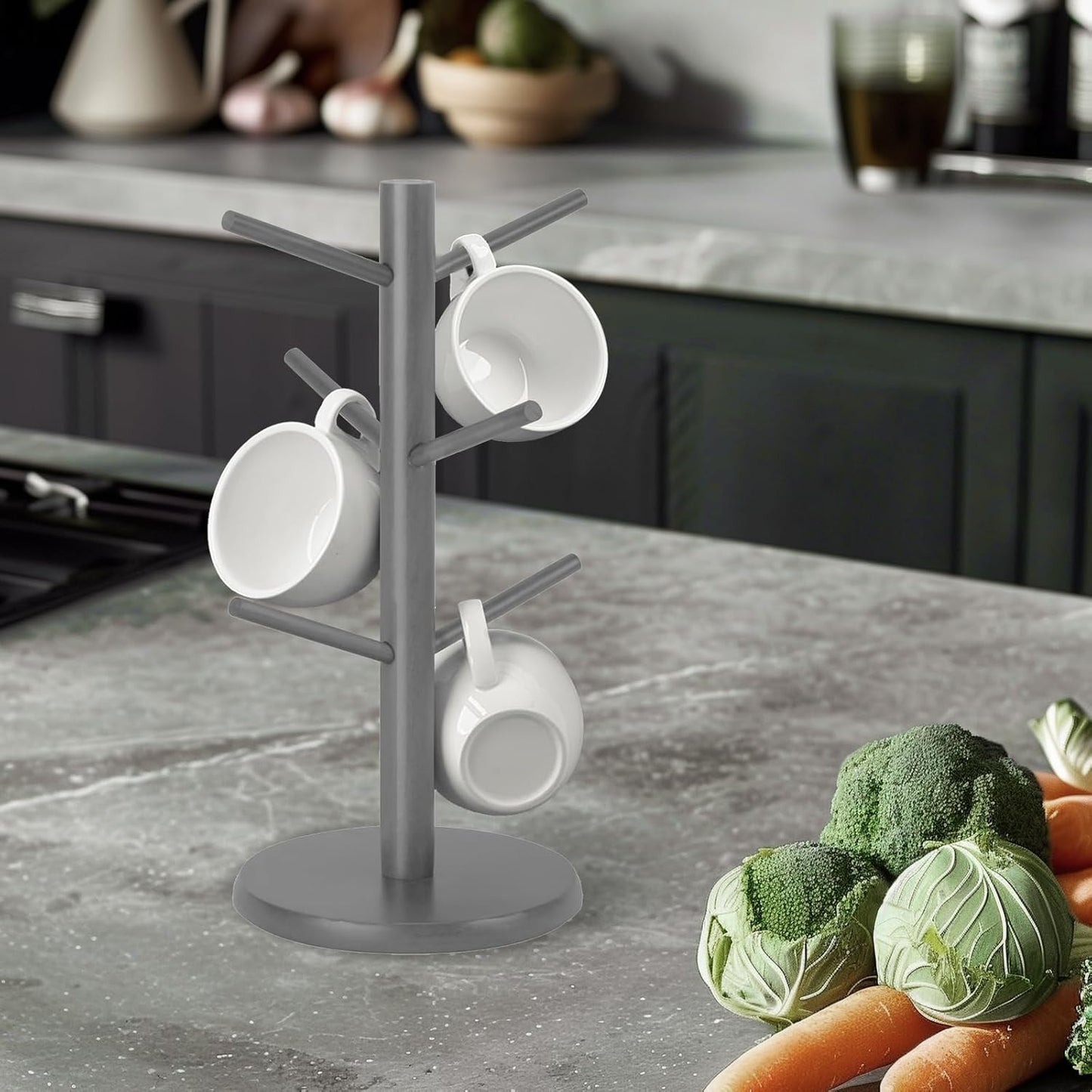 Wooden Mug Holder Tree, Coffee Cup Holder, Mug Organizer with 6 Hooks (Gray)