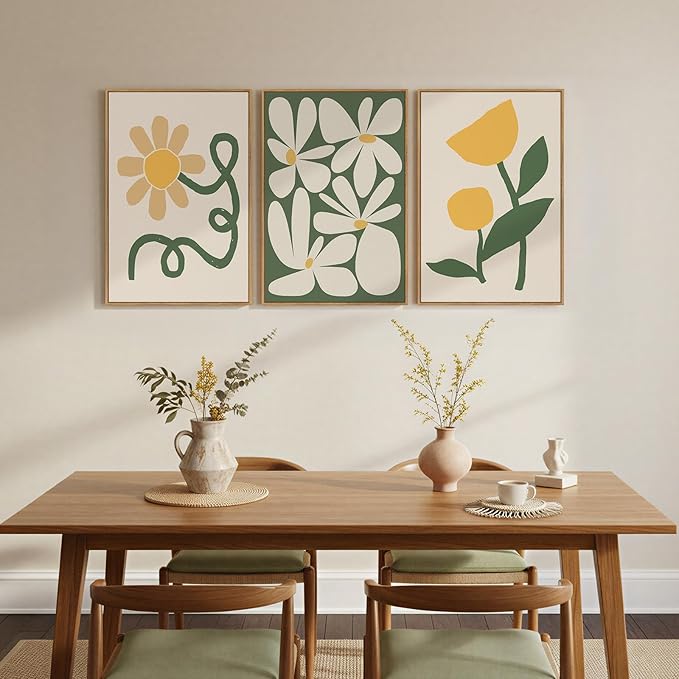 Framed Boho Abstract Wall Art Bedroom, 3 Piece Green and Yellow Mid Century - Image 4
