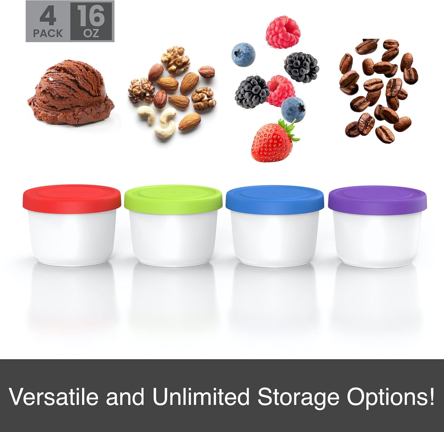 BALCI - 16oz Ice Cream Containers with Silicone Lids (Set of 4) - 1 Pint Each Freezer Food Storage Containers, Reusable, LeakProof, For Homemade IceCream Containers - Blue, Red, Green, Purple