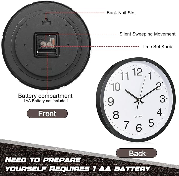 Inbagi 12 Pieces Silent Wall Clock Large 12 Inches Quartz Analog Clock Non - Image 4