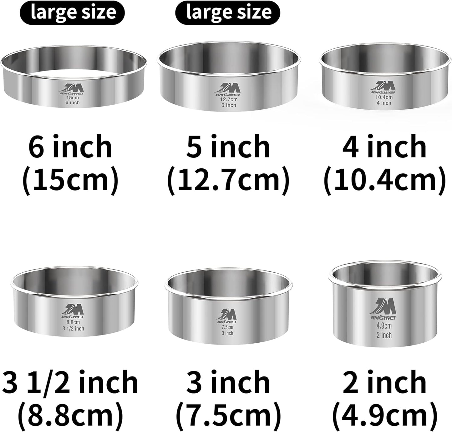 M JNGMEI 6 Pieces Stainless Steel Cookie Cutter Set 2'', 3'',3.5'', 4'',5''and6'' Biscuit Plain Edge Round Cutters large Sizes Shape Molds Ranging from 2-6 Inches GIFT PACKAGE