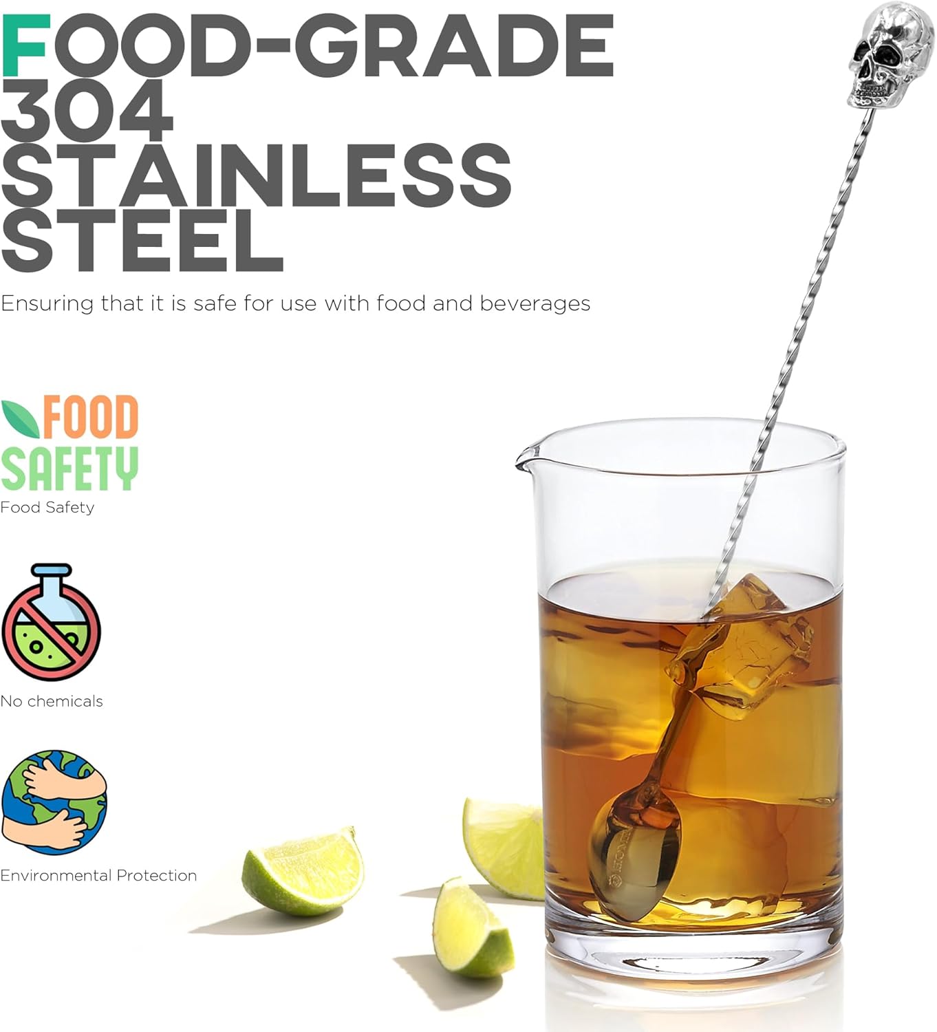 Homestia Bar Spoon Cocktail Mixing Spoon, 12-Inches Long Handle Stainless Steel Cocktail Stirrers, Spiral Design with Skull End Cocktail Spoon for Bartender Drinks, Home Use, Halloween Party