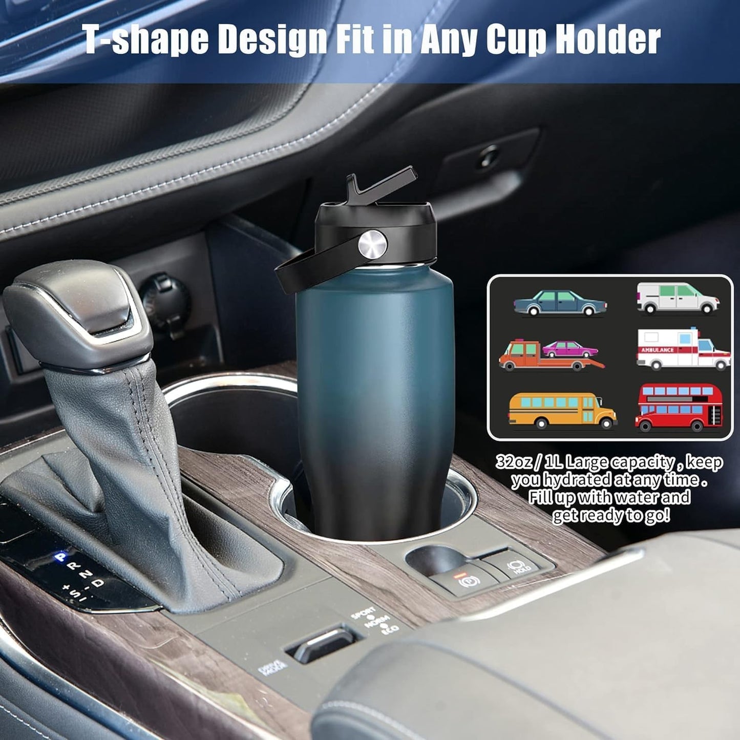 HYDROWION 40 oz Insulated Water Bottle with Straw fit in Car Cup Holder(Cold 48 hrs, Hot 24 hrs) Drinking Bottle with Straw Lid, Spout Lid and Flex Cap Leakproof Travel Thermo Mug，Wood