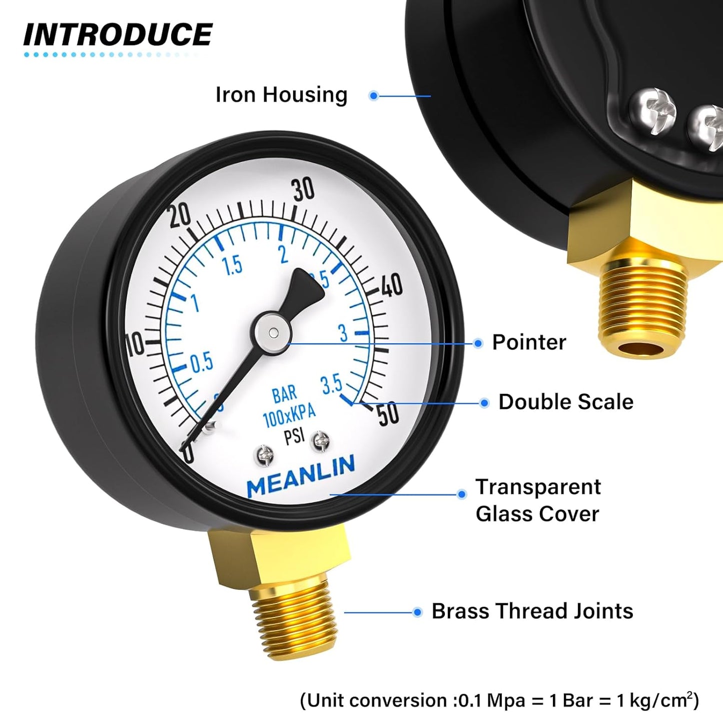 MEANLIN MEASURE 0-50Psi 2" DIAL FACE 1/8" NPT Well Pump Pressure Gauge, with 1/4" NPT and 3/8" NPT Hex Bushing, 3-2-3% Accuracy, Lower Mount