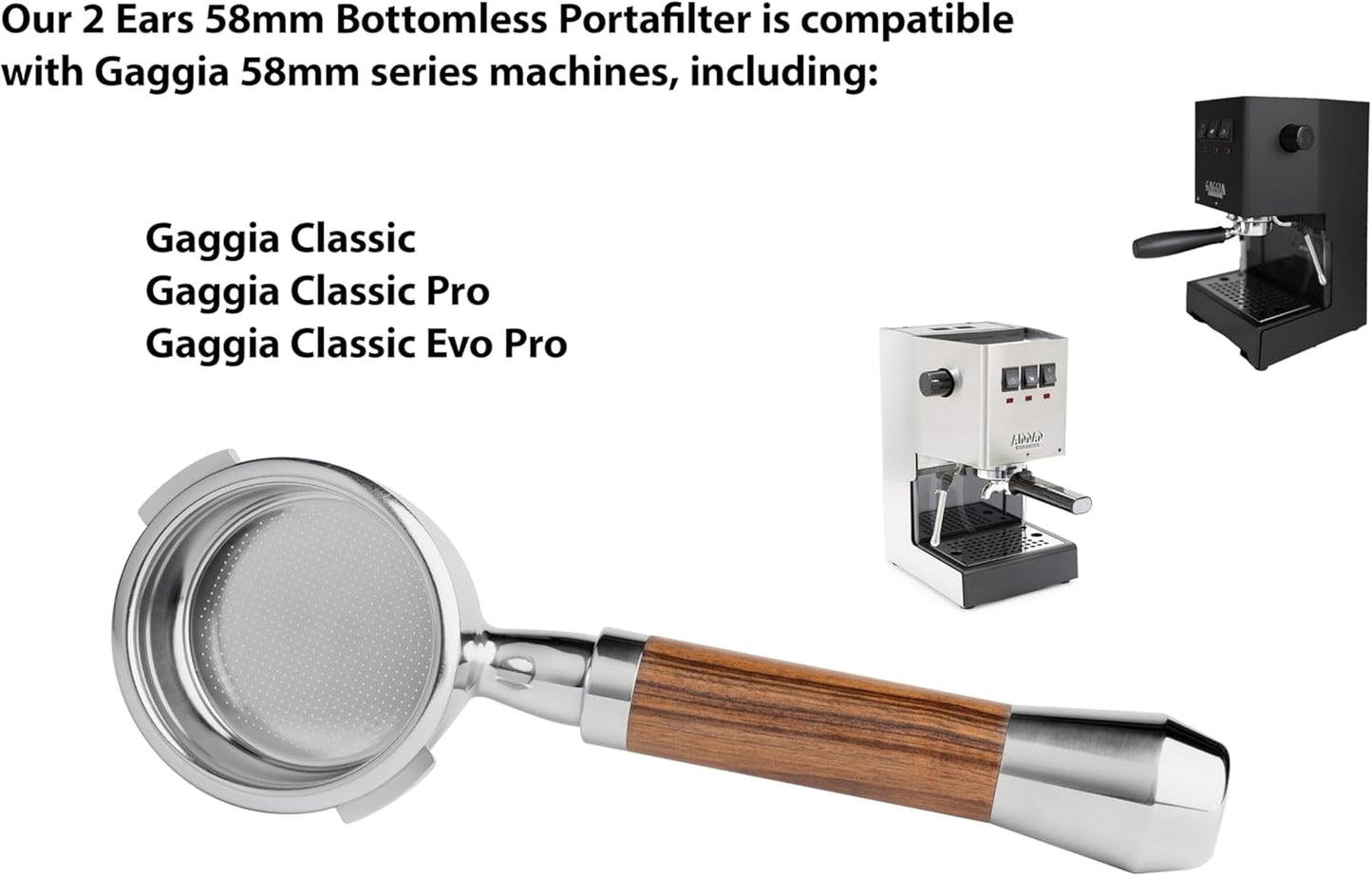 LILQ 58mm Bottomless Naked 2 Ears Portafilter Compatible with Gaggia Machines– Includes 18–20g Basket (WalnutV2Fusion, 58mm For Gaggia)