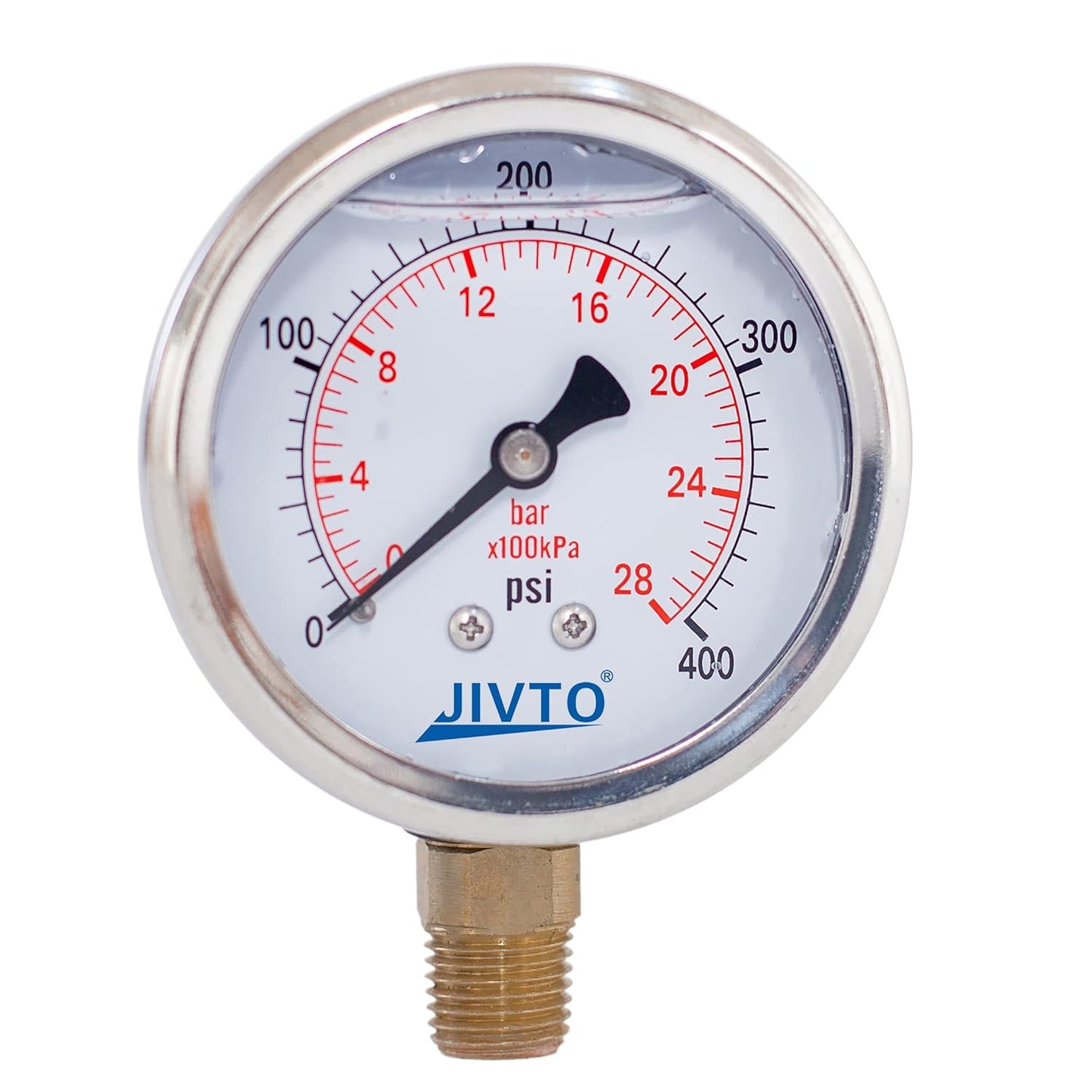 Pressure Gauge,Glycerin Liquid Filled,2.5" Dual Scale Dia,0-400 psi/bar/kpa,1/4" NPT Male Brass Connection,Lower Mount, Stainless Steel Case,for Pneumatic,Pump,Hose,Well Tank,Gas Air Water Oil