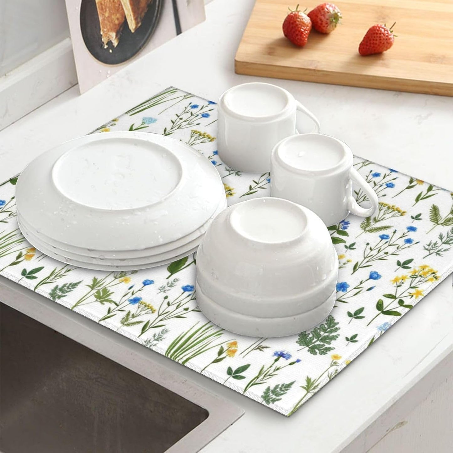 Blue Yellow Wildflower Dish Drying Mats for Kitchen Counter, Vintage Botanic Fern Leaves Floral Kitchen Drainer Pad, Absorbent Microfiber Reusable Washable Dish Draining Mats, Home Decor, 16 x 18 inch