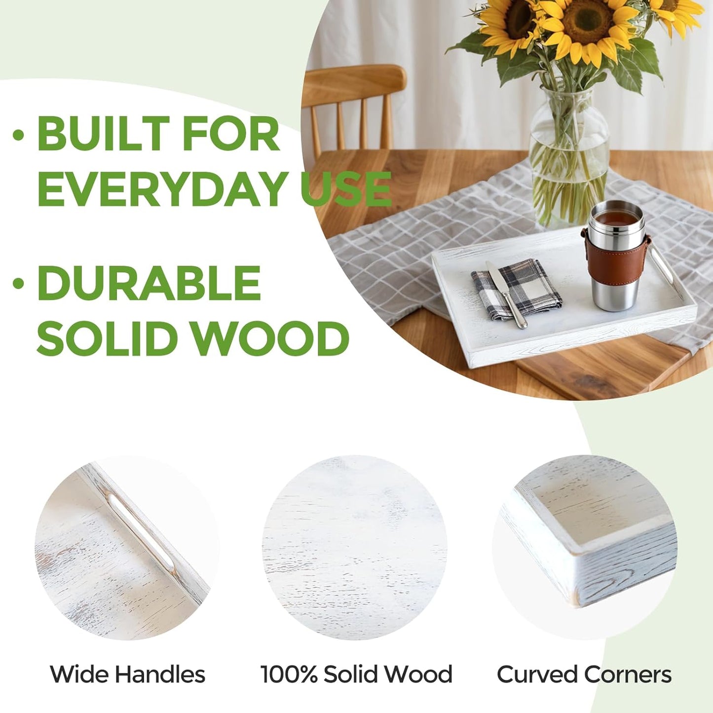 S310 Rustic White Wood Serving Tray with Handles, 17 Inch Wooden Tray for Ottoman, Breakfast, Lunch, Dinner, Decorative Rectangular Tray for Living Room, Kitchen Counter, Outdoor