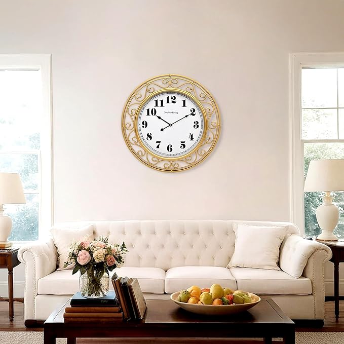 SwallowLiving 24 Inch Vintage Iron Large Metal Frame Gold Wall Clock Silent - Image 4