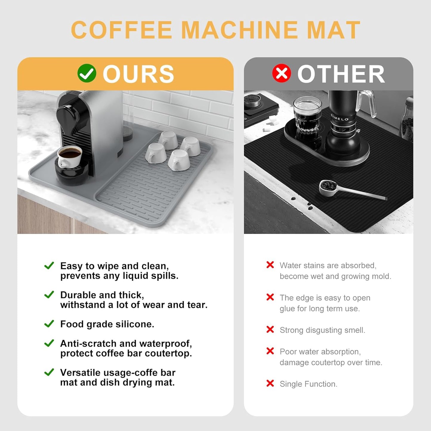 Silicone Coffee Mat,16'' x 16'' Coffee Bar Mat with Detachable Dish Drying Mat for Kitchen Countertops,Coffee Bar Accessories Fit Under Coffee Maker Coffee Machine Espresso Machine Dish Rack