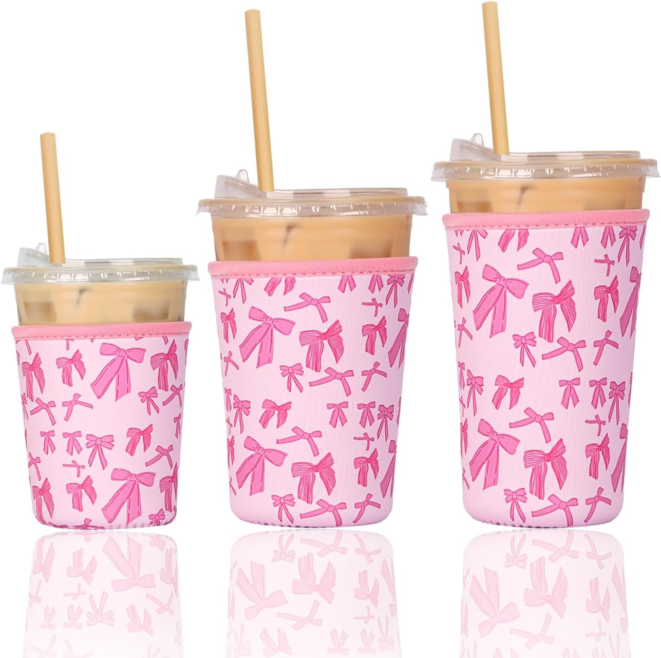 Reusable 3-Pack Iced Coffee Cup Sleeve, Insulated Neoprene, Beverage Holder for Iced Coffee, Durable Drink Sleeve for Cold Beverages, Pink Bows
