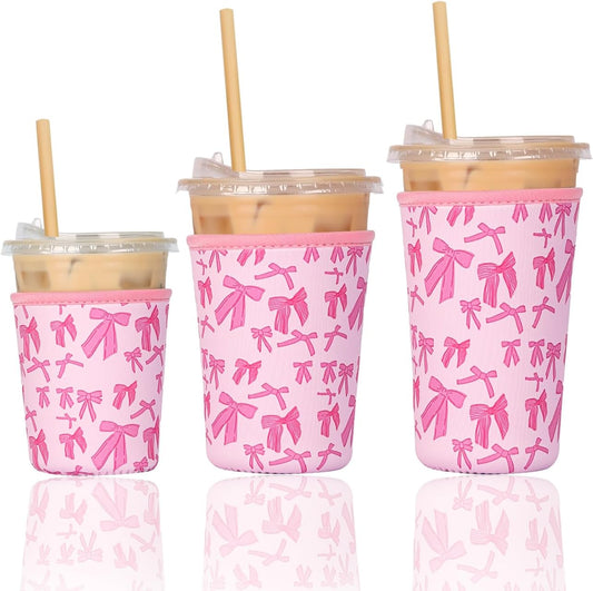 Reusable 3-Pack Iced Coffee Cup Sleeve, Insulated Neoprene, Beverage Holder for Iced Coffee, Durable Drink Sleeve for Cold Beverages, Pink Bows