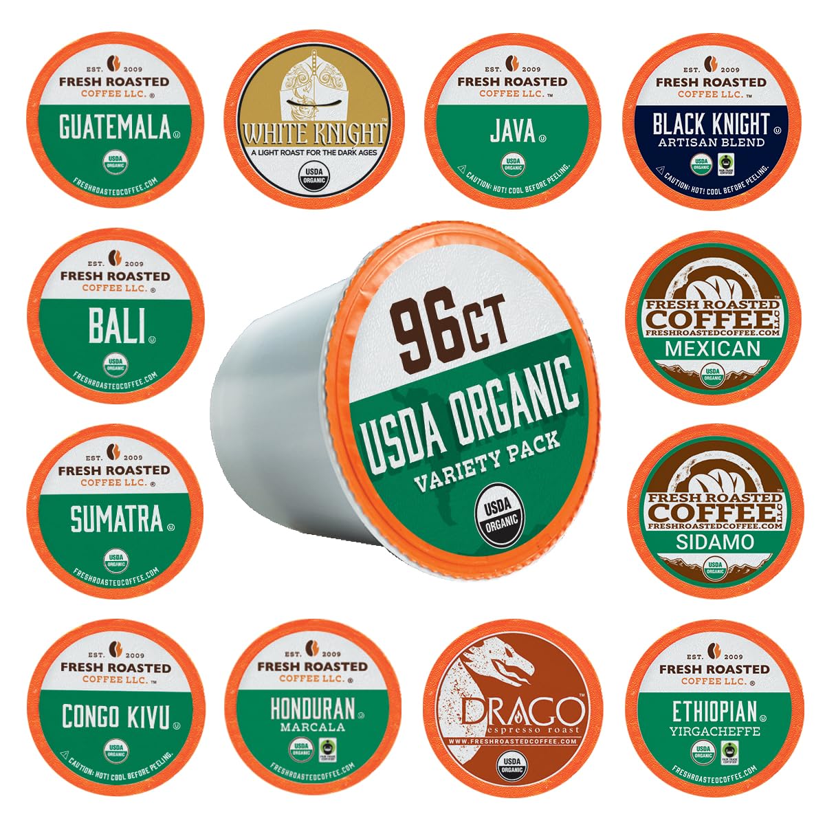 Fresh Roasted Coffee, USDA Organic Variety Pack | 96 Pods for K Cup Brewers