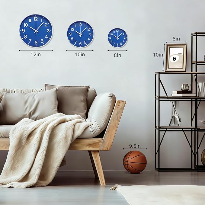 Wall Clock 12 Inch Blue Modern Simple Quartz Decorative Clock Non-Ticking - Image 3