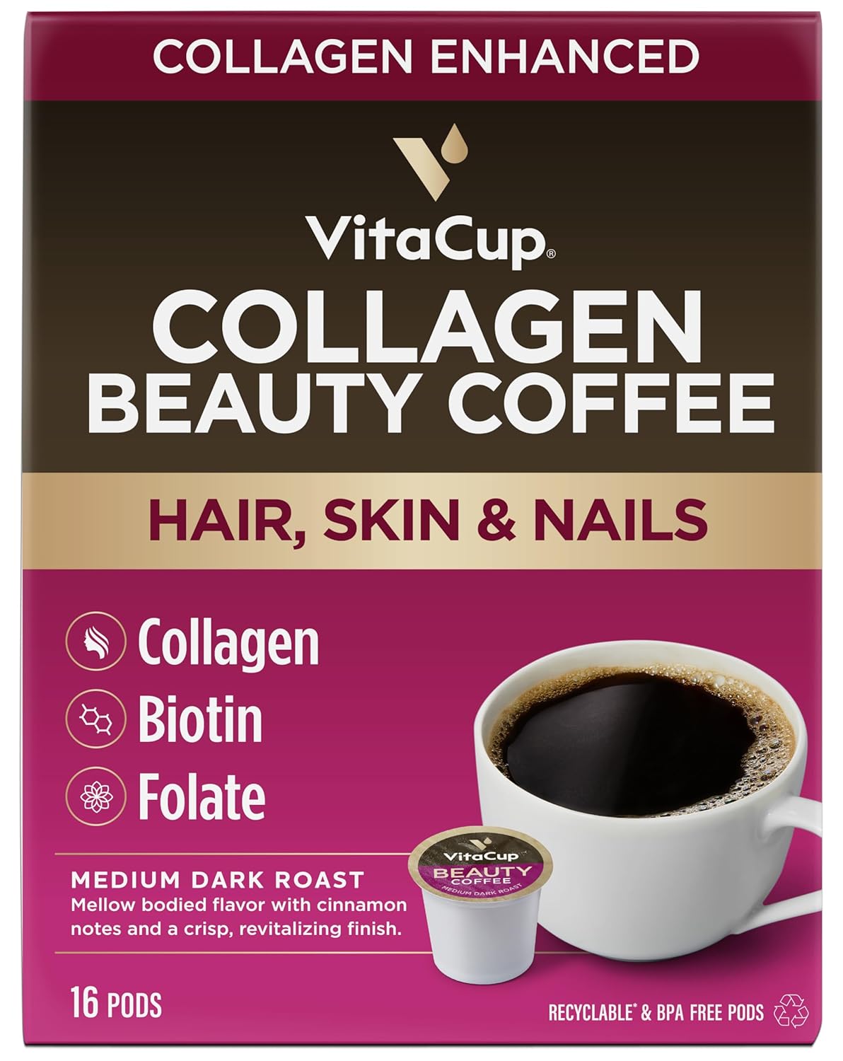 VitaCup Beauty Collagen Coffee Pods for Hair, Skin & Nails, with Biotin & Folate, Medium Dark Roast, Keto Friendly, Recyclable Single Serve Pod Compatible with Keurig K-Cup Brewers,16 Ct