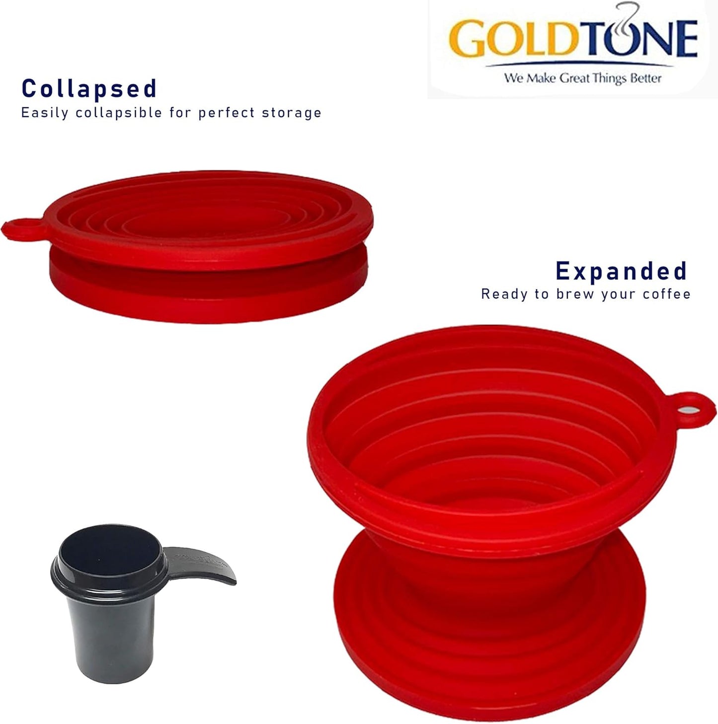 GoldTone Collapsible Silicone Portable Reusable Coffee Dripper w/Carry Clip & Scoop (Collapsible Pour Over & Scoop)