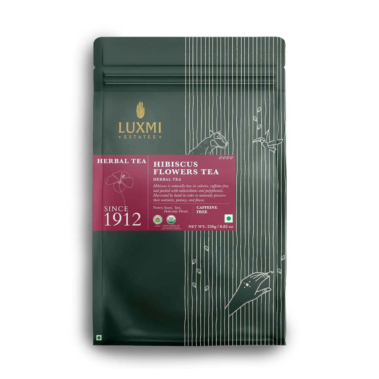 Luxmi Estates - Pure Hibiscus Herbal - Organic Hibiscus Tea - Loose Leaf - 250g (125 cups) | With Organic Hibiscus Flowers | Single Ingredient | Helps with Blood Pressure and Imrpove Heart Health
