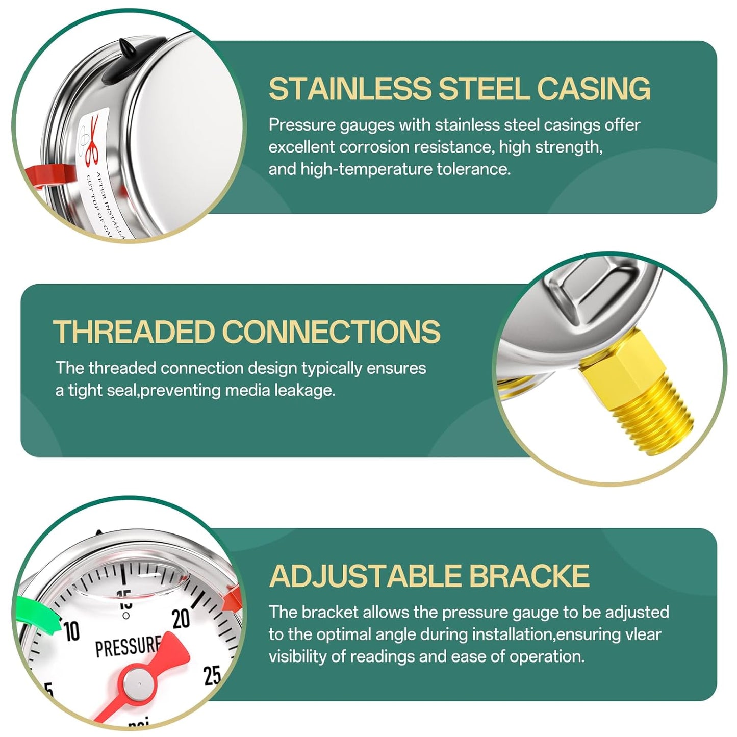 0-30psi Stainless Steel Glycerin Liquid Filled Pressure Gauge1/8 NPT 1.5" Dial, Lower Mount for Pressure Testing of Water, Oil and Air (with Range Mark Pointer)
