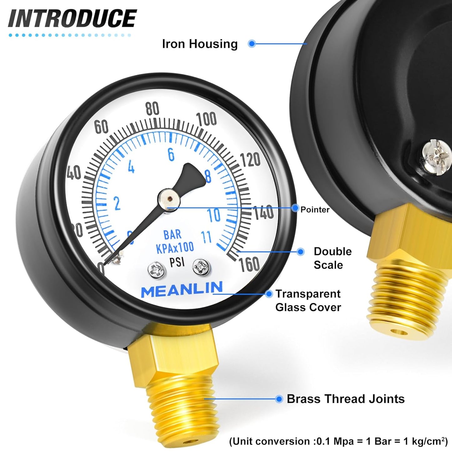 MEANLIN MEASURE 0-160Psi 2" DIAL FACE 1/4" NPT Well Pump Pressure Gauge, with 1/2" NPT and 3/8" NPT Hex Bushing, 3-2-3% Accuracy, Lower Mount