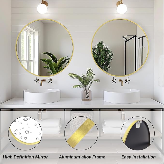 Sunniry Gold Round Mirror, 24 inch Circle Mirror, Round Wall Mounted Mirrors - Image 2