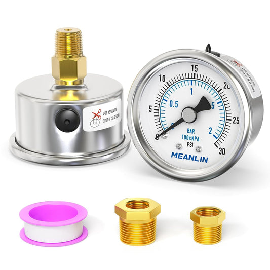 MEANLIN MEASURE 0~30Psi Dry Low Pressure Gauge Stainless Steel 1/4" NPT 2" FACE DIAL Waterproof for Pool Sand Filter Water Oil Air Pressure Test Back Mount, with 1/2" NPT and 3/8" NPT Hex Bushing