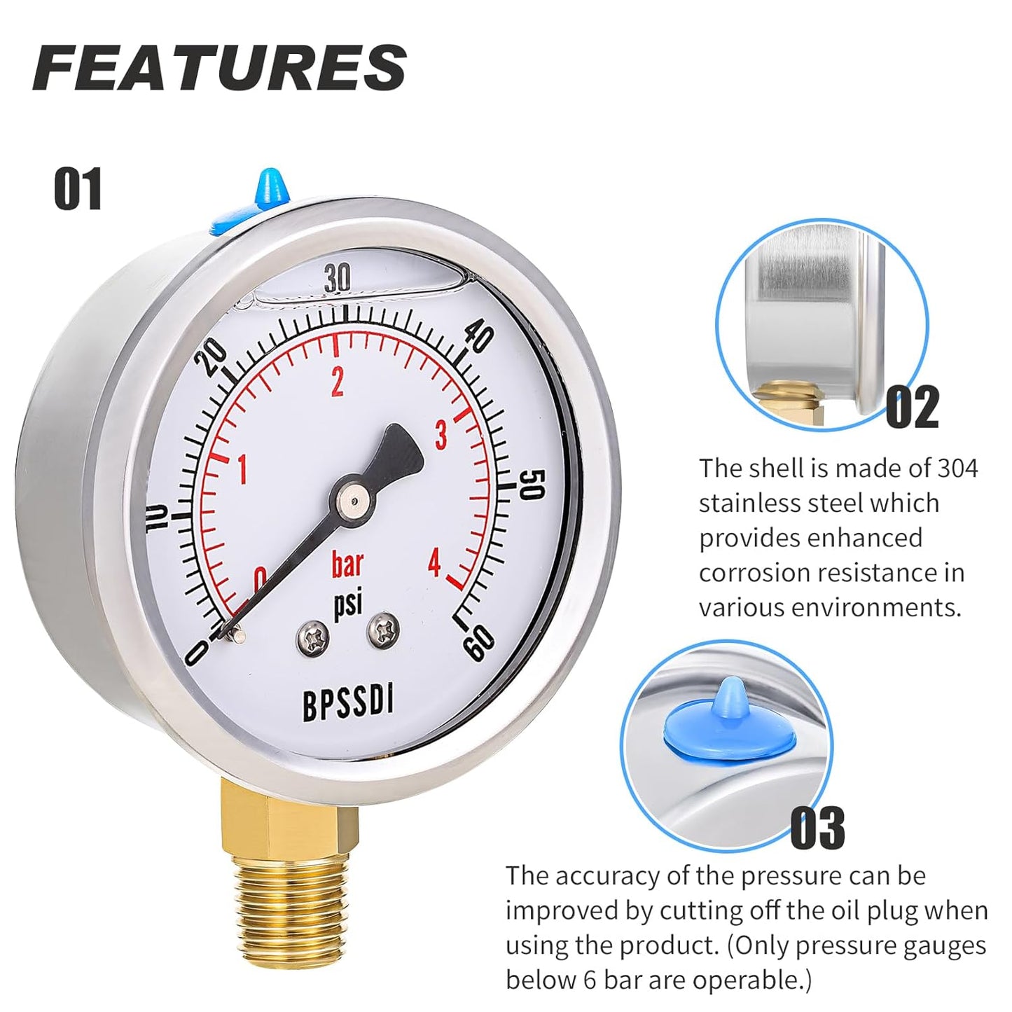 0-60 Psi Glycerin Liquid Filled Low Pressure Gauge, 2.5" Dial Size, 1/4" NPT Lower Mount, 304 Stainless Steel Case, for Water Oil Air Pressure Test, Refrigeration Systems(Such as Evaporators)