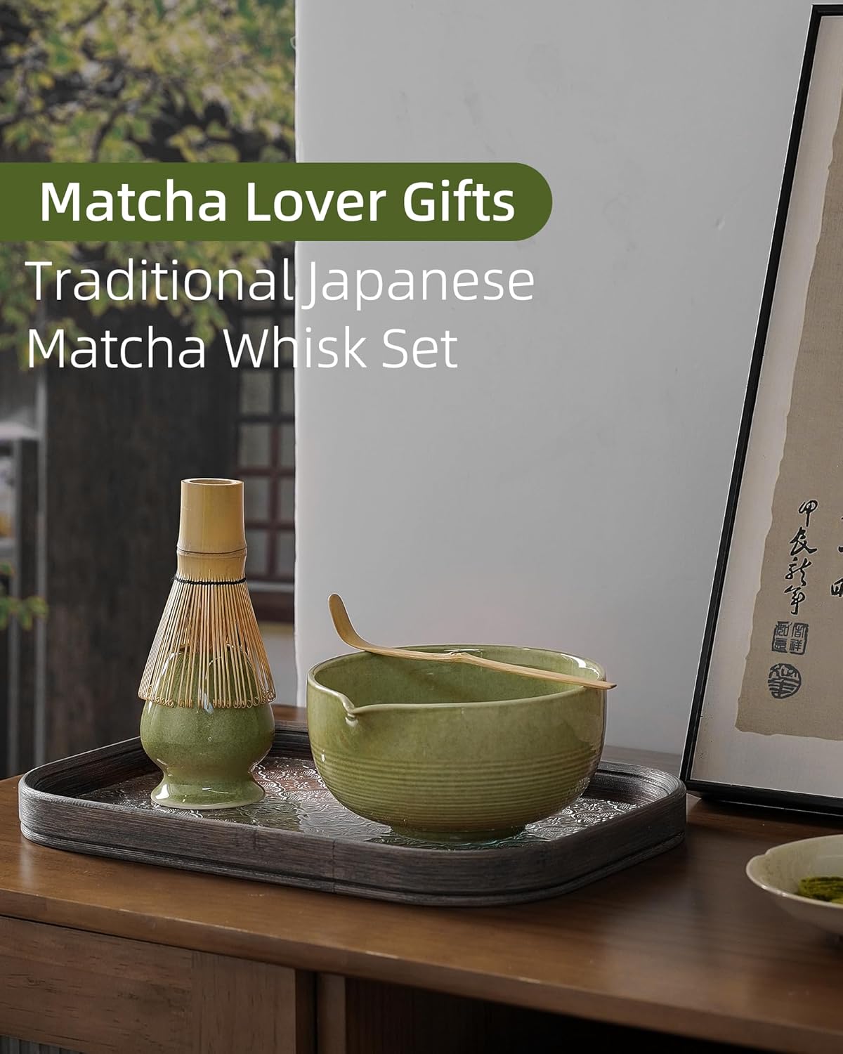 ZENS Matcha Whisk Set, 15oz Ceramic Matcha Bowl with Spout and Bamboo Whisk, (Chasen Holder) Scoop & Tea Towel, 5pcs Matcha Kit for Matcha Lovers, Emerald Green