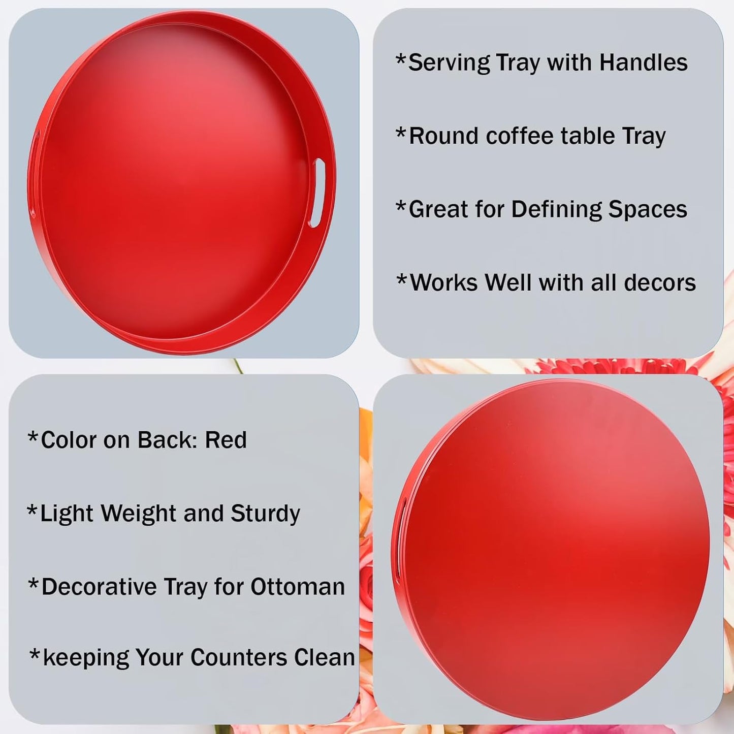 Round Red Decorative Serving Tray with Handles, 13” Versatile Ottoman Tray for Coffee Table, Entertaining, Outdoor Patio, Living Room