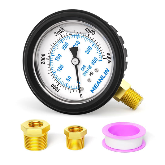 MEANLIN MEASURE 0~5000Psi Stainless Steel 1/4" NPT 2.5" FACE DIAL Liquid Filled Pressure Gauge, Lower Mount (with Rubber Protective Sleeve), with 1/2" NPT and 3/8" NPT Hex Bushing
