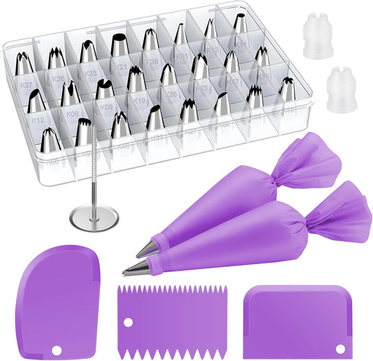 Kootek 32-Piece Piping Bags and Tips Set with 24 Icing Piping Tips, 2 Reusable Pastry Bags 12 Inch, Reusable Piping Icing Bags and Tips, Cake Decorating Kit for Frosting Cookie, Cupcake
