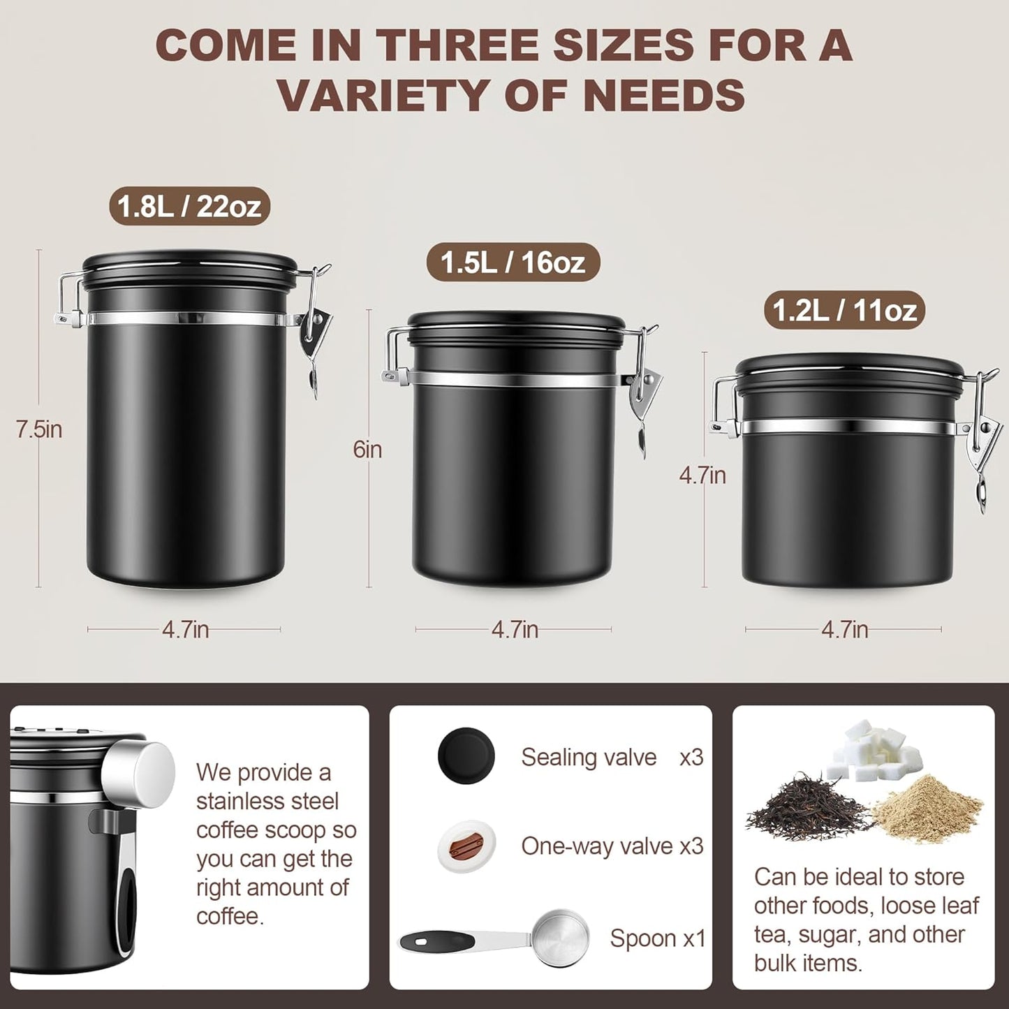 ShanSon Coffee Canister Airtight Coffee Container Stainless Steel Coffee Bean Storage Container with Scoop Coffee Canister for Beans Grounds Sugar Flour Tea Cereal,16OZ, Black
