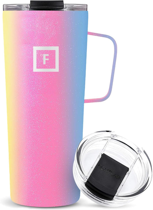 IRON °FLASK Grip Coffee Mug - Leak Proof, Vacuum Insulated Stainless Steel Bottle, Double Walled, Thermo Travel, Hot Cold, Water Metal Canteen - Rainbow, 24 Oz - Classic Bottom