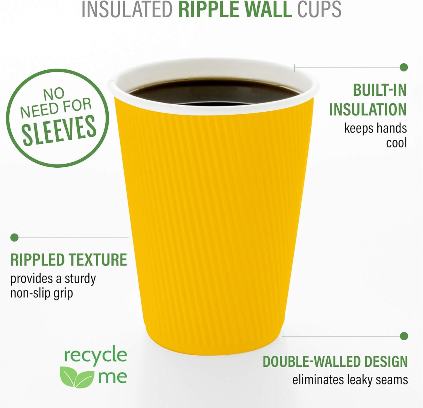Restaurantware 8 Ounce Double Wall Disposable Coffee Cups, 500 Insulated Yellow Paper Tumblers with Ripple Wall Design, Lids Sold Separately for Hot Drinks like Tea, Hot Chocolate and More