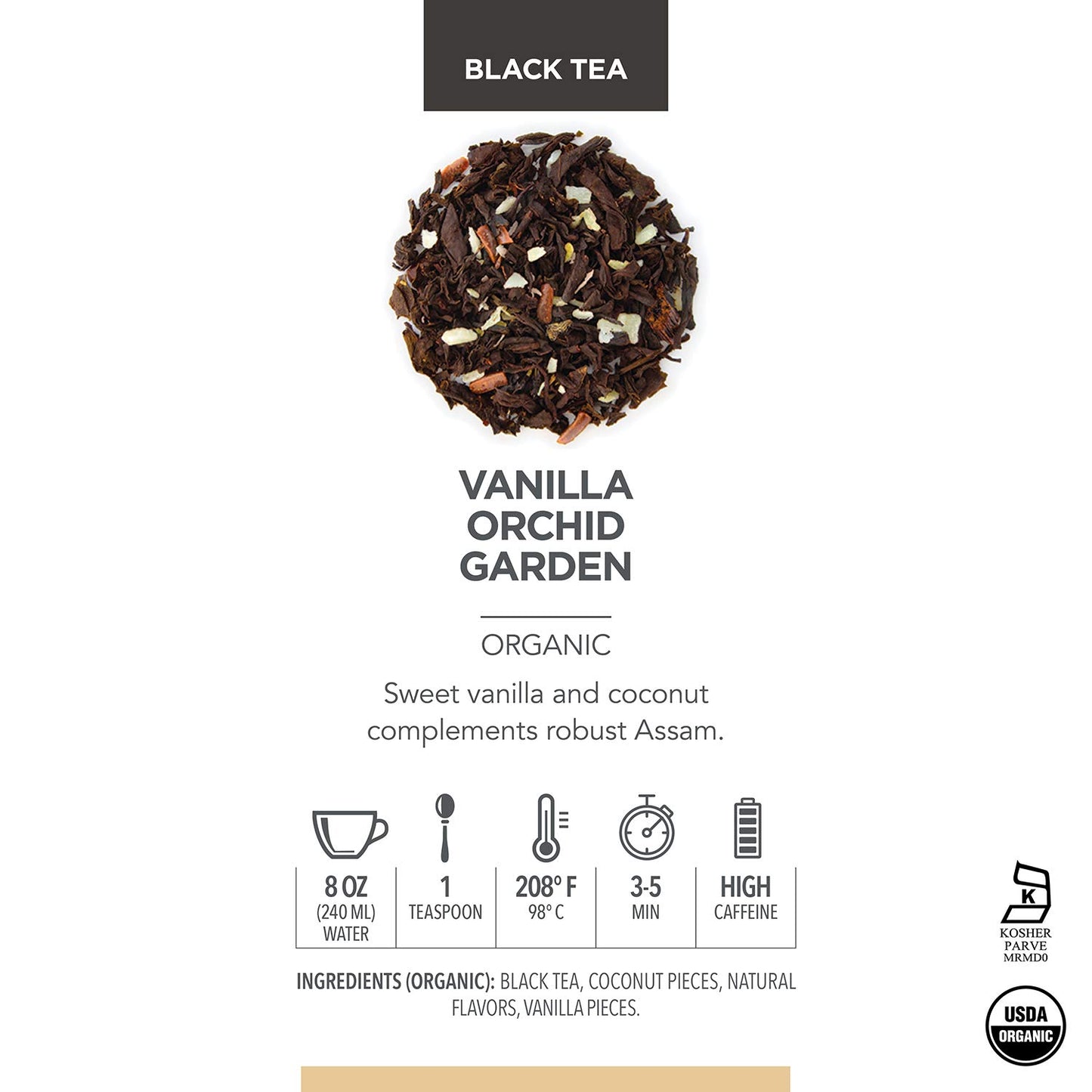 Teabloom Organic Black Tea, Vanilla Orchid Garden Loose Leaf Tea, USDA Certified Organic and Kosher Certified, 2.80 Ounce Canister Makes 35-50 Cups