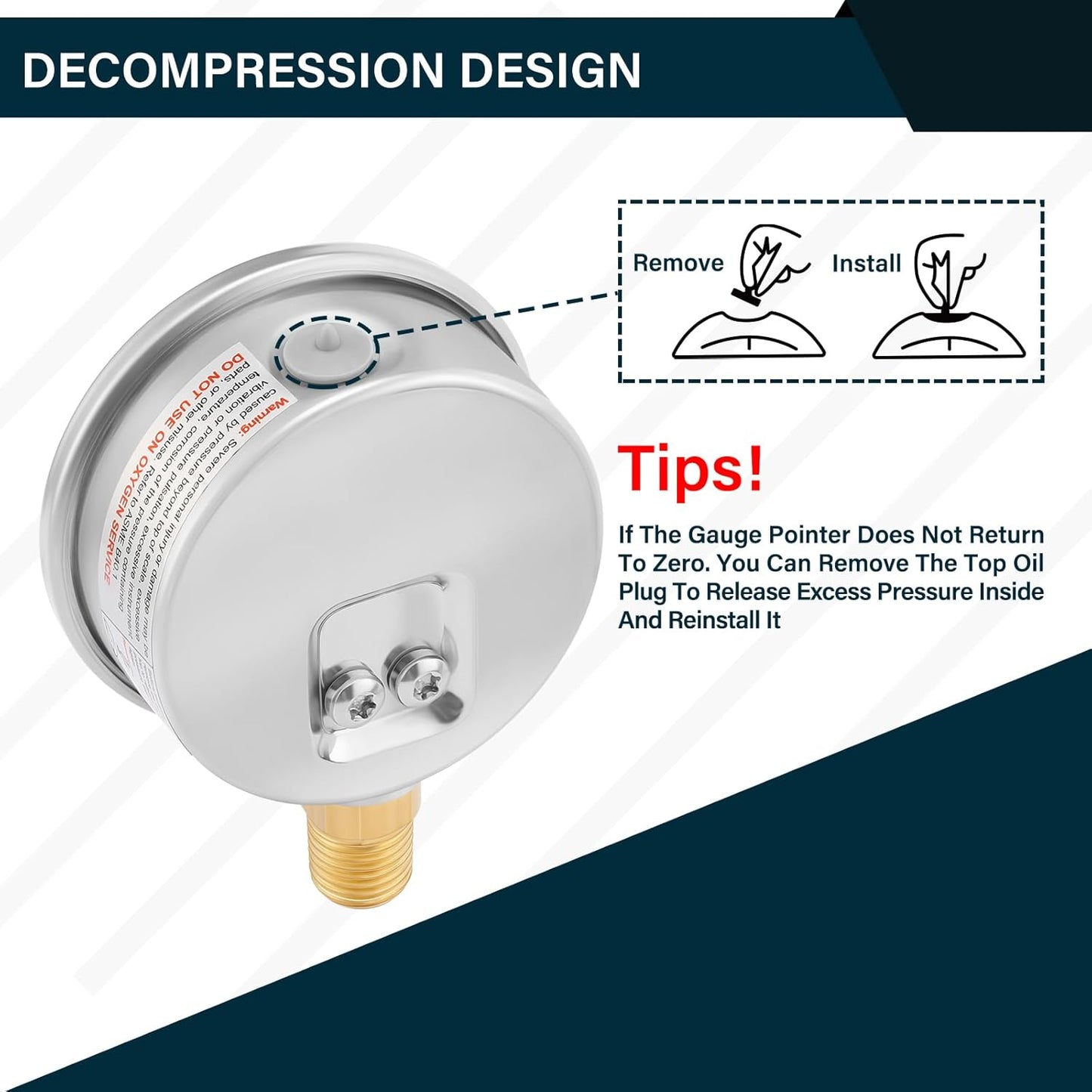 MEASUREMAN 2-1/2inch Dial Size, Oil Filled Pressure Gauge, 0-160psi/kpa, 304 Stainless Steel Case, 1/4inchNPT Lower Mount