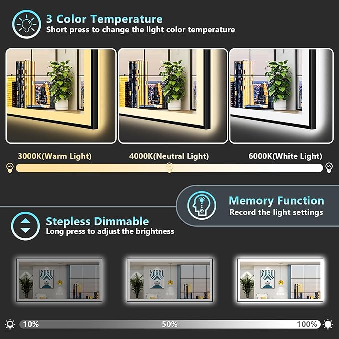 96x36 Black Framed LED Bathroom Mirror - Image 5