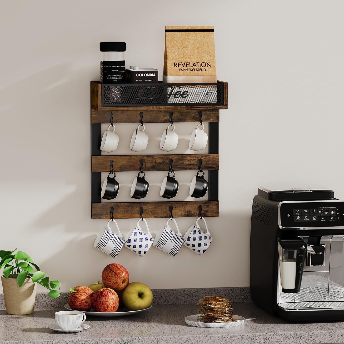 YINMIT Coffee Mug Holder with 12 Hooks, Coffee Cup Holder Wall Mounted with Top Shelf, Mug Organizer for Home Kitchen, Brown