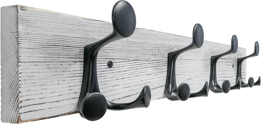 SKOLOO 24-Inch Wood Coat Rack Wall Mount with 4 Triple Hooks - Ideal for Family Entrances, Classrooms, and Pet Supplies Storage - Perfect Coat Hooks for Wall,Distressed White Wash